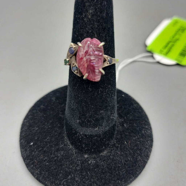 Sterling, Carved Ruby & Sapphires Ring - VT #8702