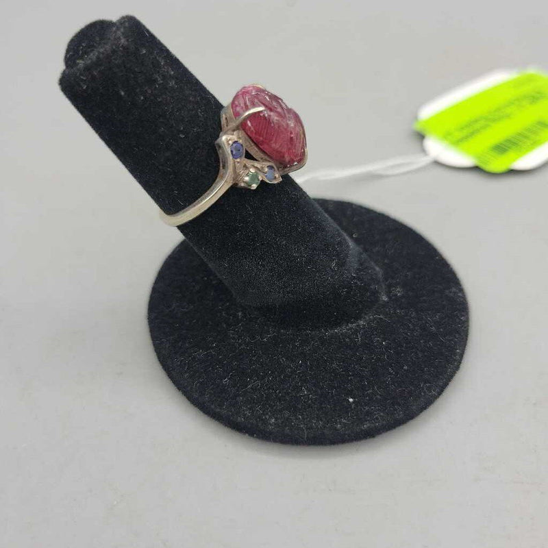 Sterling, Carved Ruby & Sapphires Ring - VT