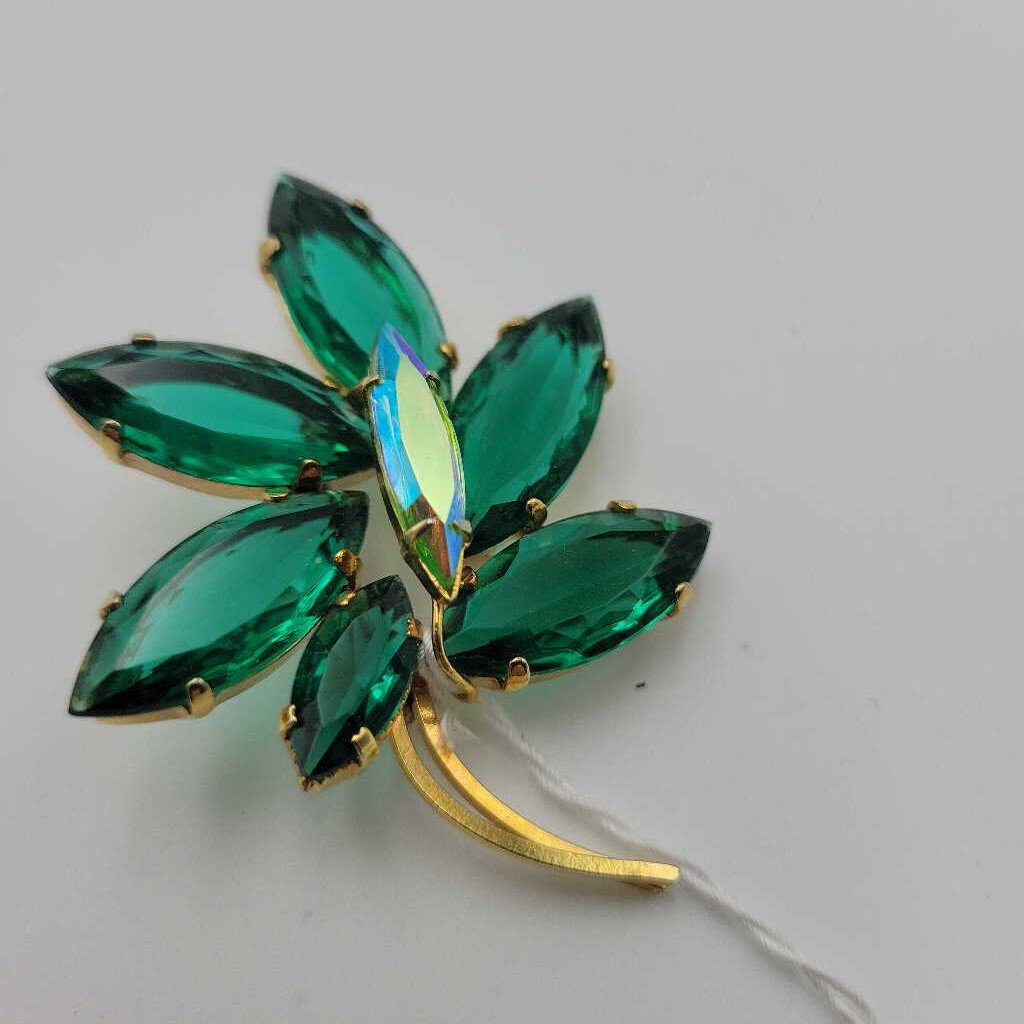 Vintage Green Rhinestone Brooch - VT #8838