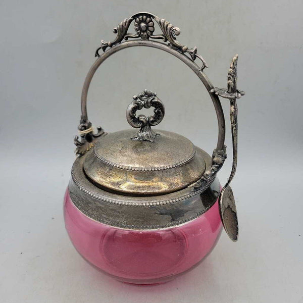 Antique Victorian Cranberry Glass Jam Jar w/ Silver-plated Lid, Spoon & Handle (1881 Rogers, Oneida Ltd.)