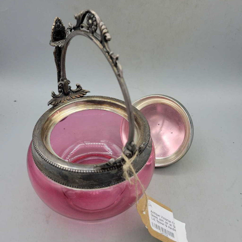 Antique Victorian Cranberry Glass Jam Jar w/ Silver-plated Lid, Spoon & Handle (1881 Rogers, Oneida Ltd.)