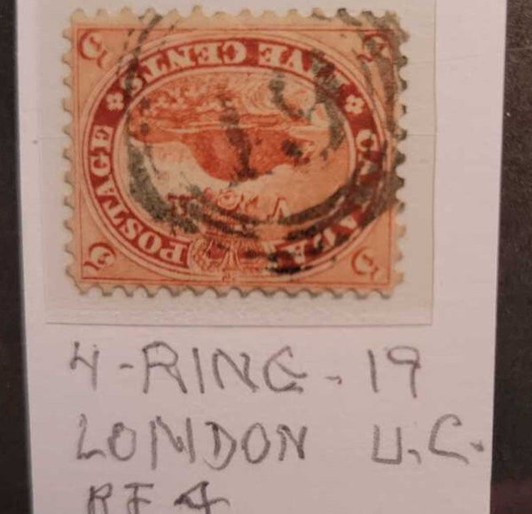 Beaver 5C Canadian Stamp " London U.C." (Jef) Scott #15 4 ring 19