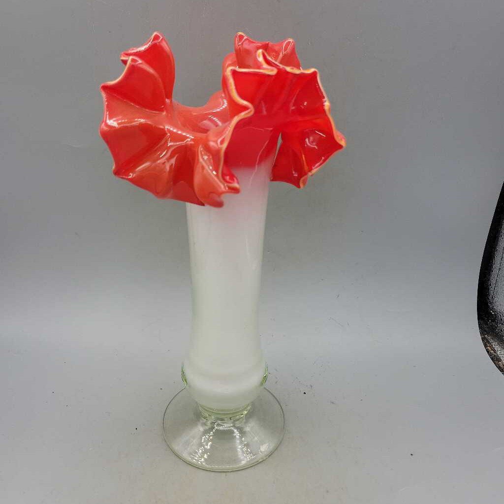 A-Fenton Vase w/Red Ruffled Edge(YVO) (403)