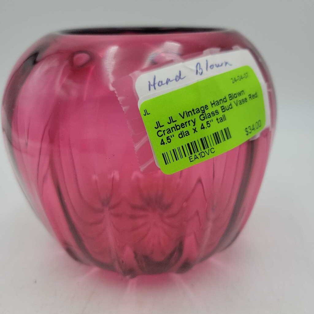 JL Vintage Hand Blown Cranberry Glass Bud Vase