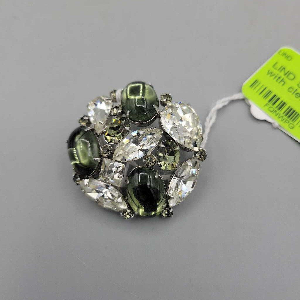 SHERMAN, brooch with clear rhinestone and green cabachons (LIND) P1742