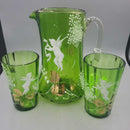 Victorian Hand Painted Glass Pitcher and glasses DEB)