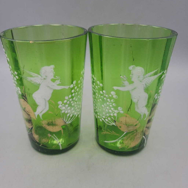 Victorian Hand Painted Glass Pitcher and glasses DEB)