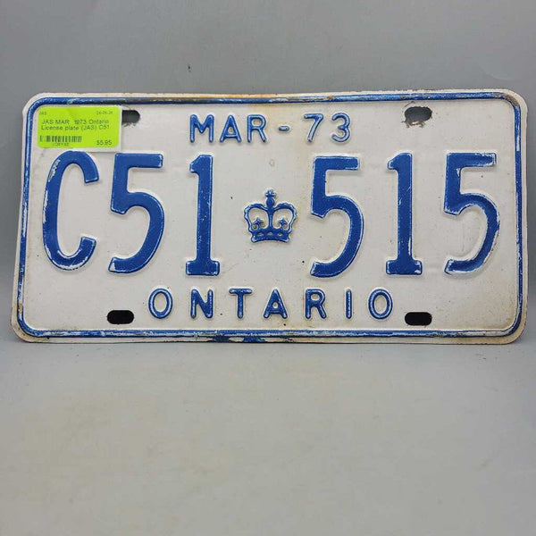 MAR 1973 Ontario License plate (JAS) C51 515