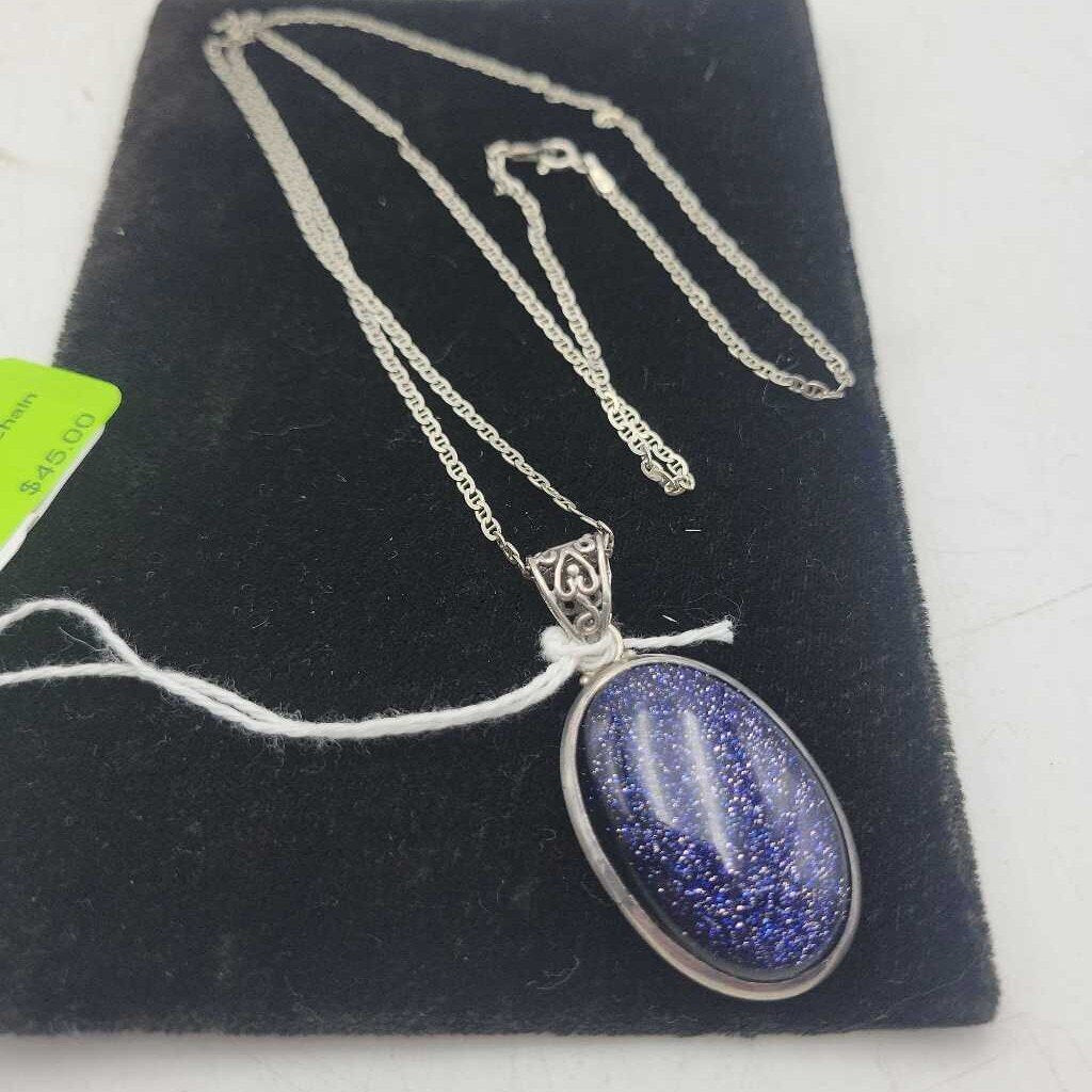 Sterling Necklace, blue sparkly stone (LIND)