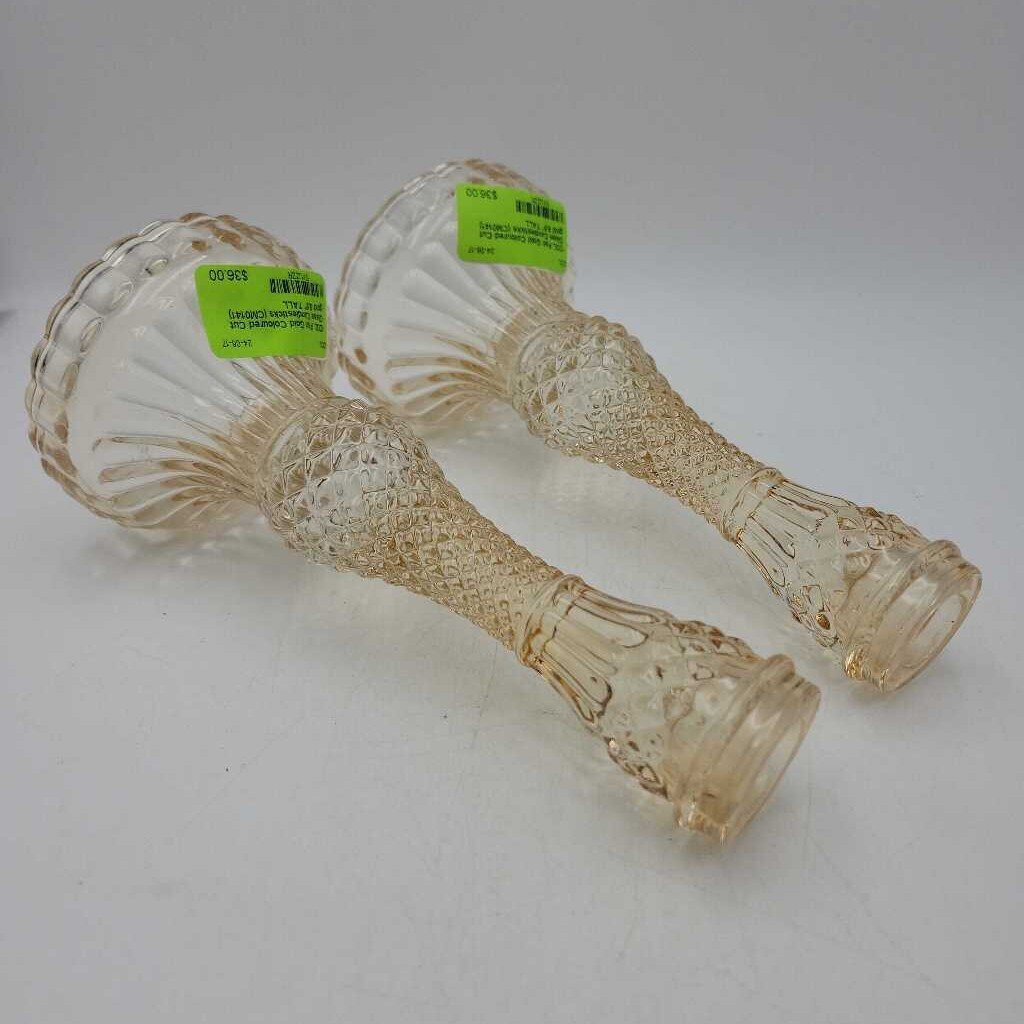 Pair Gold Coloured Cut Glass Candlesticks (CM0141)