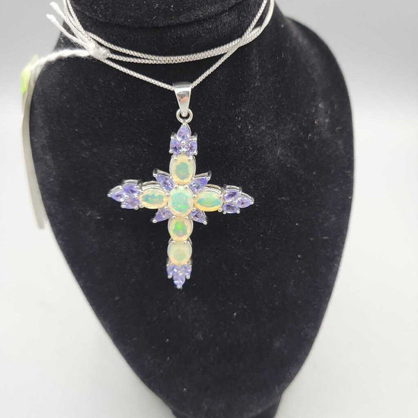 Sterling Opal & Amethyst Cross Necklace - #10327