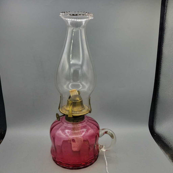 Cranberry Glass Finger style Oil Lamp lantern Crimped shade (DEB)