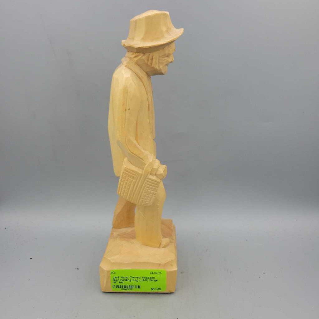 Hand Carved Wooden Man holding bag (JAS)