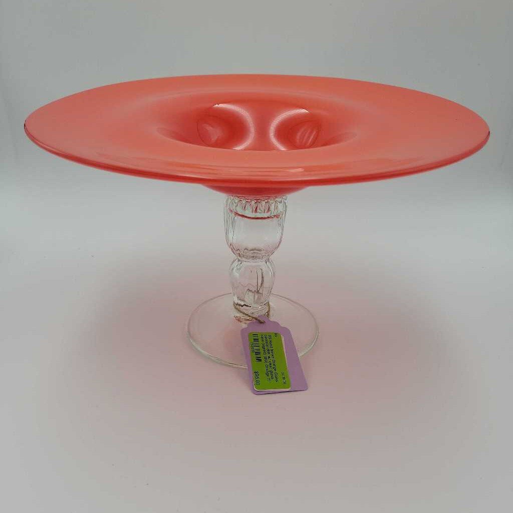 Hand blown Orange Glass pedestal dish w/ clear glass base (signed) (BG)