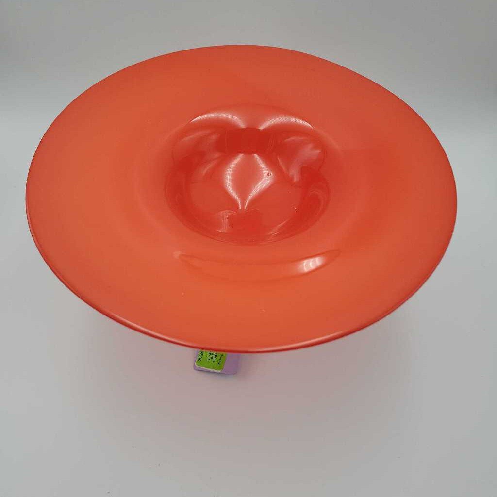 Hand blown Orange Glass pedestal dish w/ clear glass base (signed) (BG)