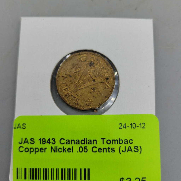 1943 Canadian Tombac Copper Nickel .05 Cents (JAS)