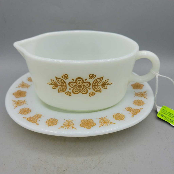 Pyrex Butterfly Gold Gravy Boat and plate (RHA)