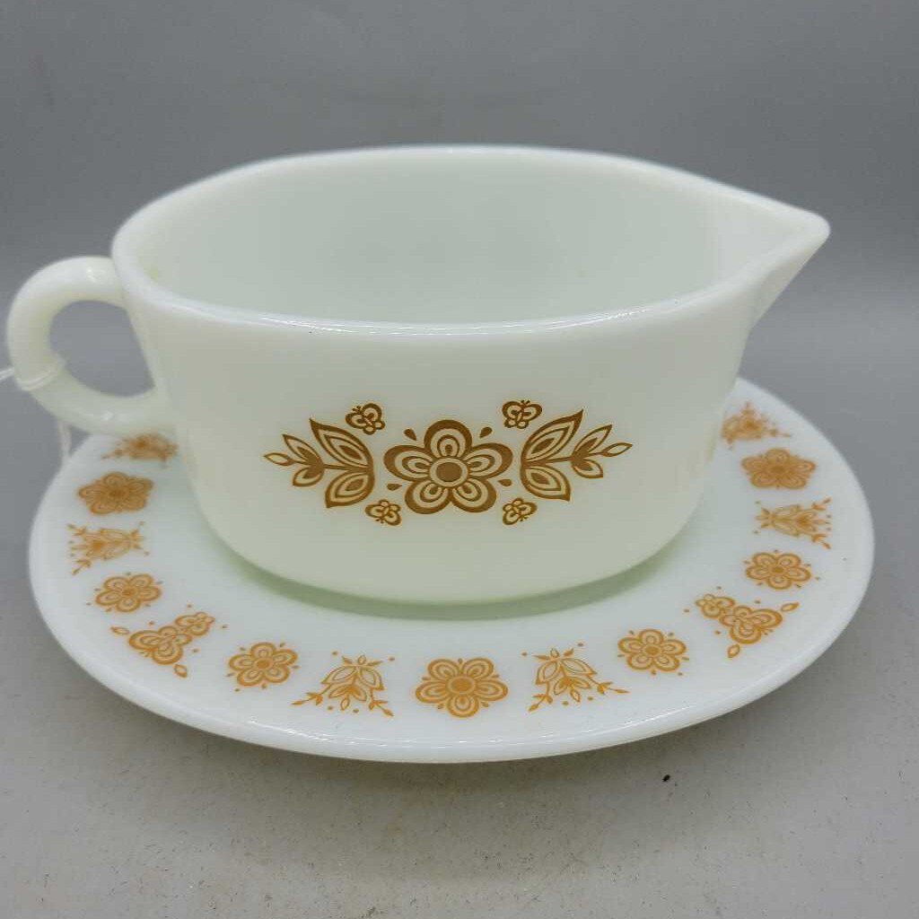 Pyrex Butterfly Gold Gravy Boat and plate (RHA)