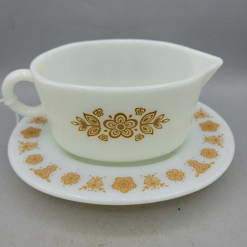 Pyrex Butterfly Gold Gravy Boat and plate (RHA)