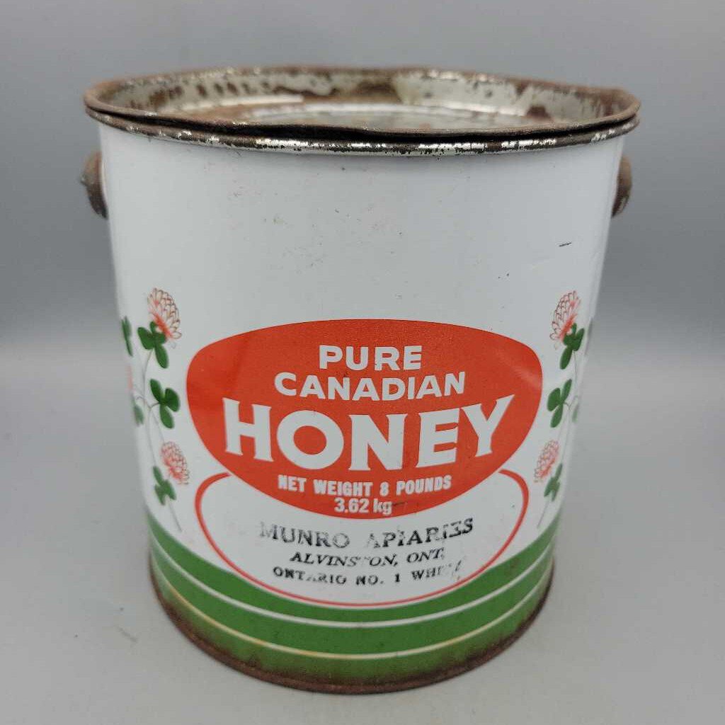 Pure Canadian Honey Tin Pail w lid Alvinston Ontario (JAS)