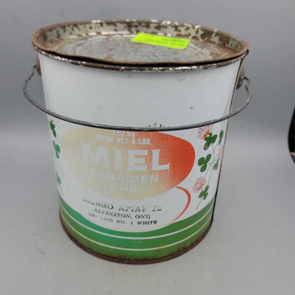 Pure Canadian Honey Tin Pail w lid Alvinston Ontario (JAS) Pure Canadian Honey Tin Pail w lid Alvinston Ontario (JAS)