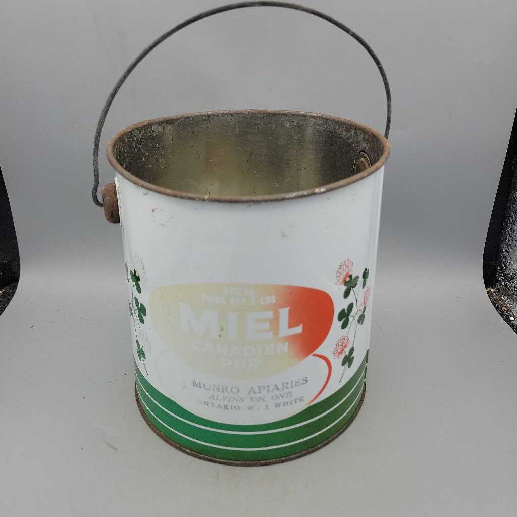 Pure Canadian Honey Tin Pail w lid Alvinston Ontario (JAS)