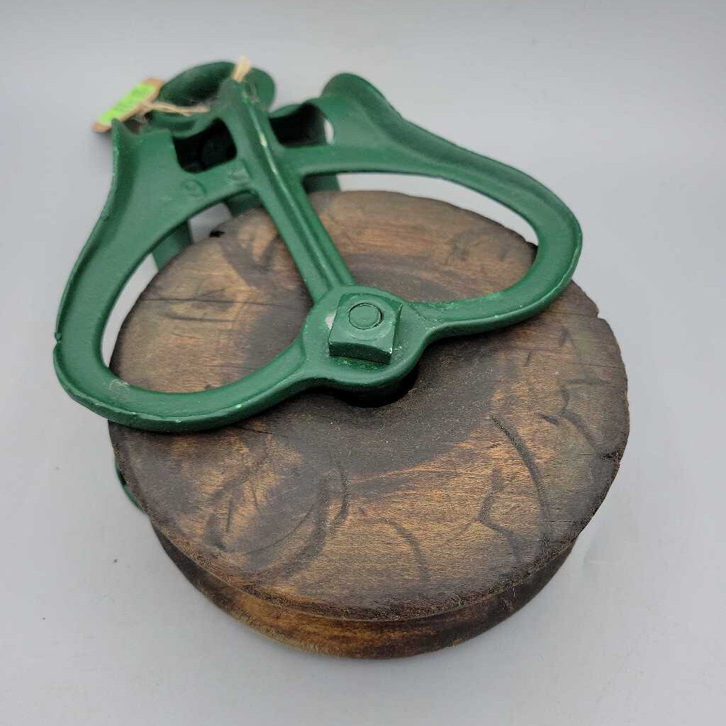 Antique Wood Pulley w/ Green Powder-Coated Metal