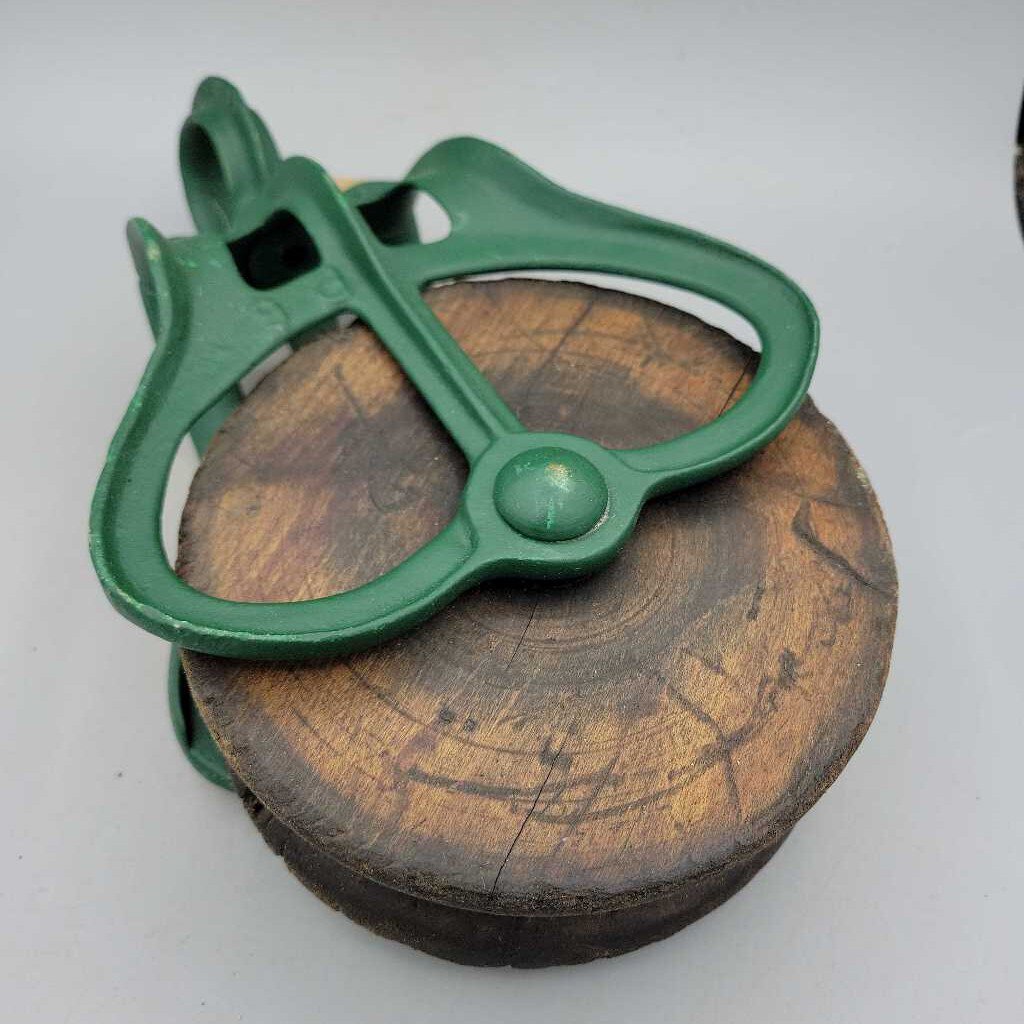 Antique Wood Pulley w/ Green Powder-Coated Metal