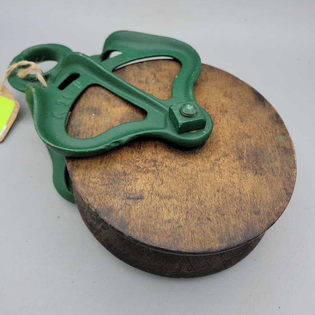 Antique Wood Pulley w/ Green Powder-Coated Metal (SAL)