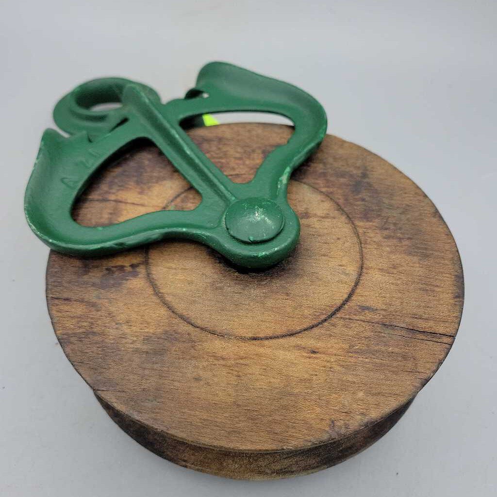 Antique Wood Pulley w/ Green Powder-Coated Metal (SAL)