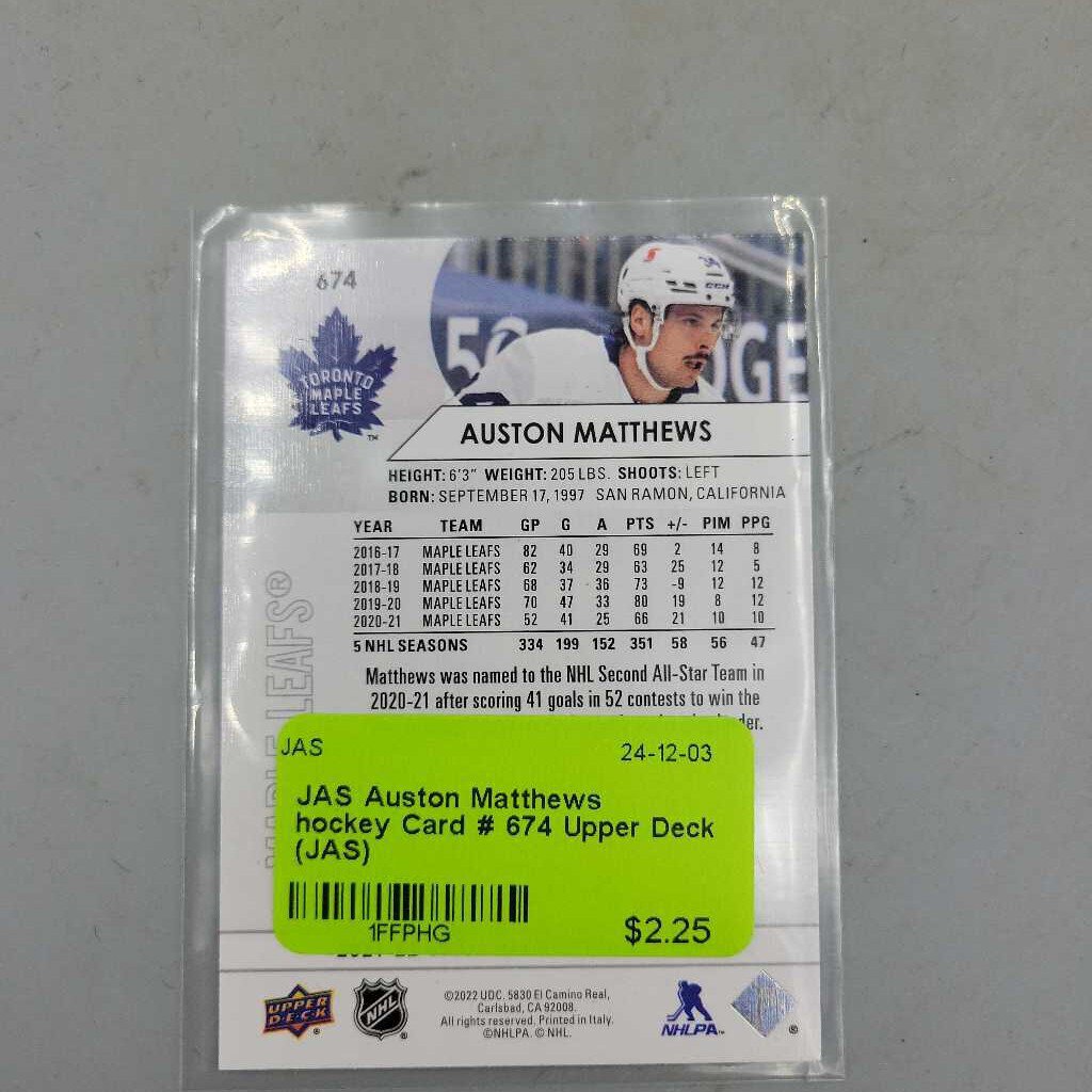 Auston Matthews hockey Card # 674 Upper Deck (JAS)