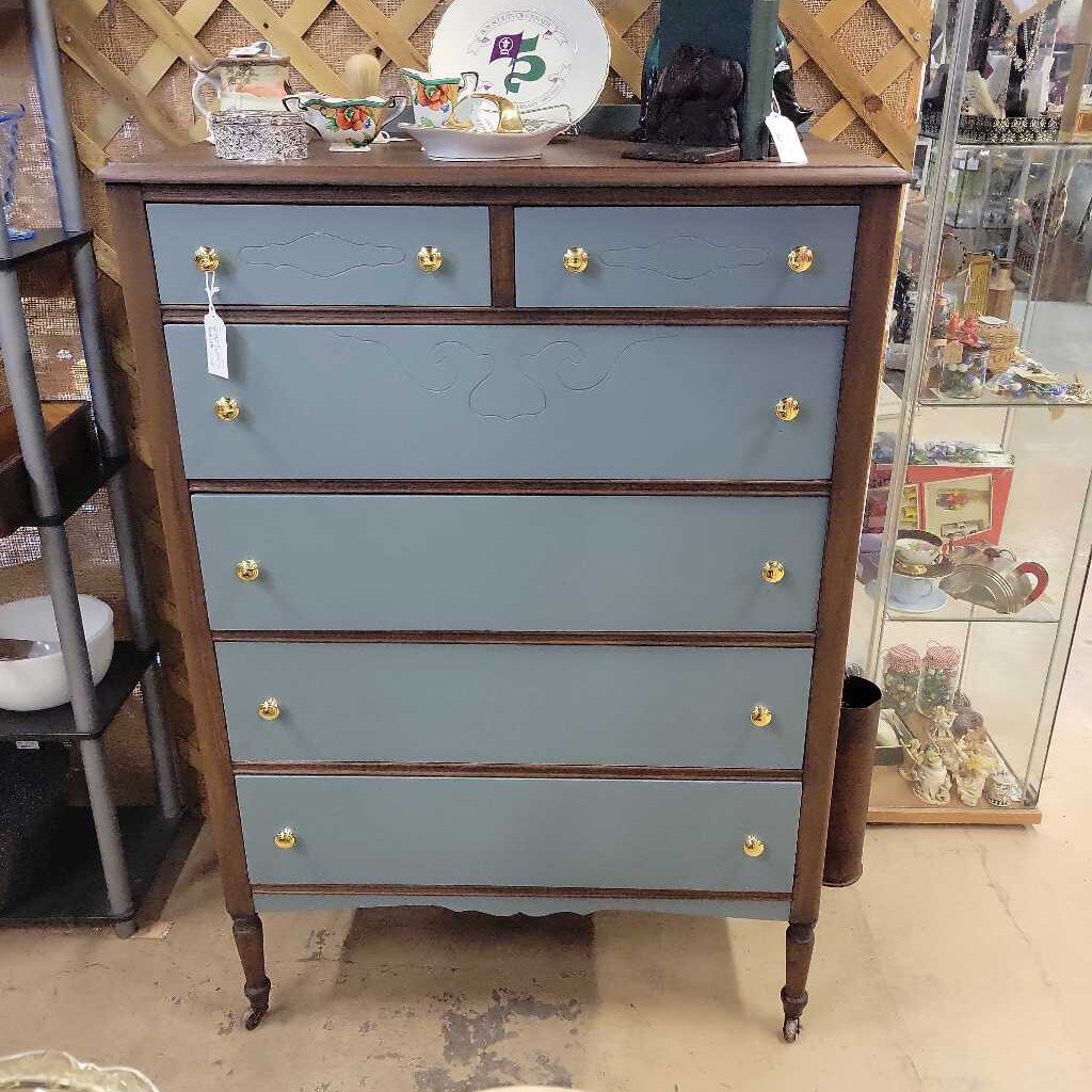 Tall Boy Dresser- Walnut & Blue Tall Boy Dresser- Walnut & Blue
