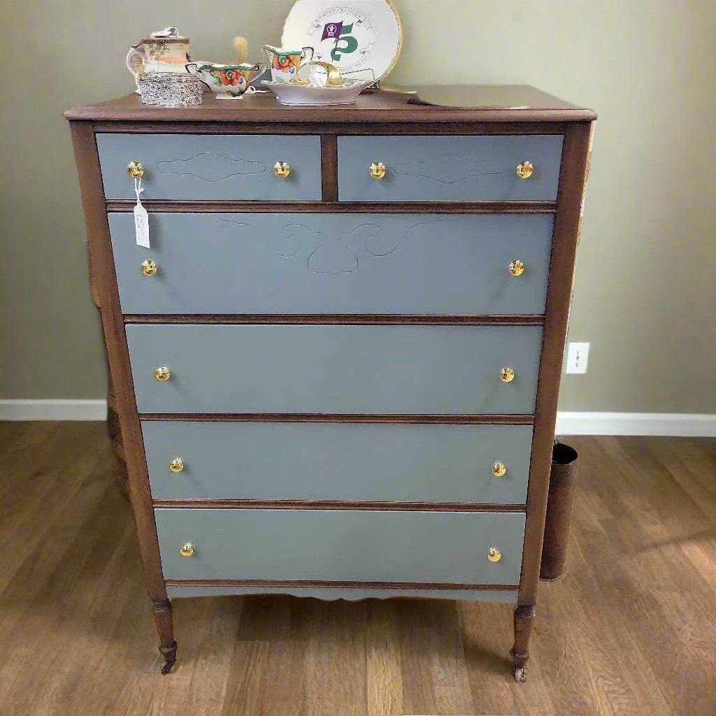 Tall Boy Dresser- Walnut & Blue