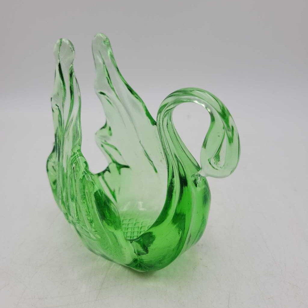 1970 long neck green swan trinket art glass dish (BG)