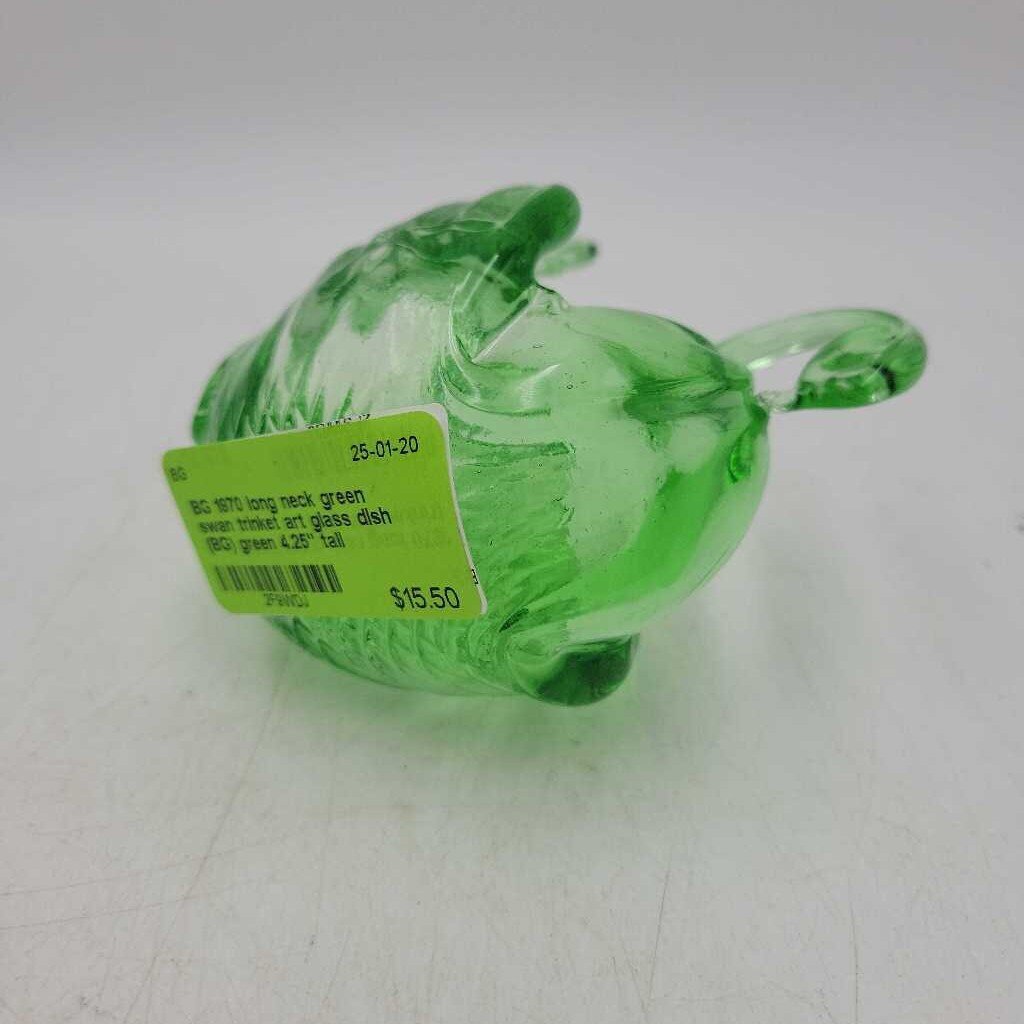 1970 long neck green swan trinket art glass dish (BG)