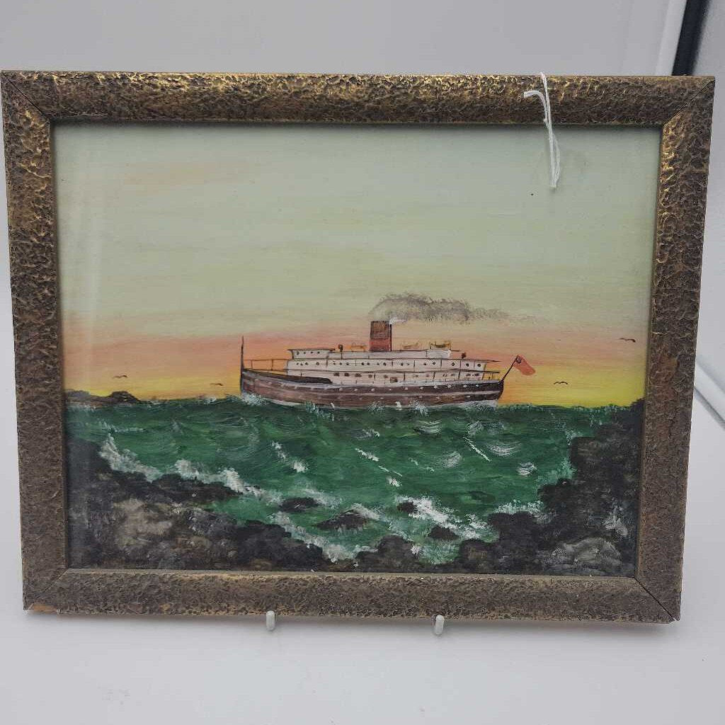 Antique Folk Art painting Steam ship (DEB)