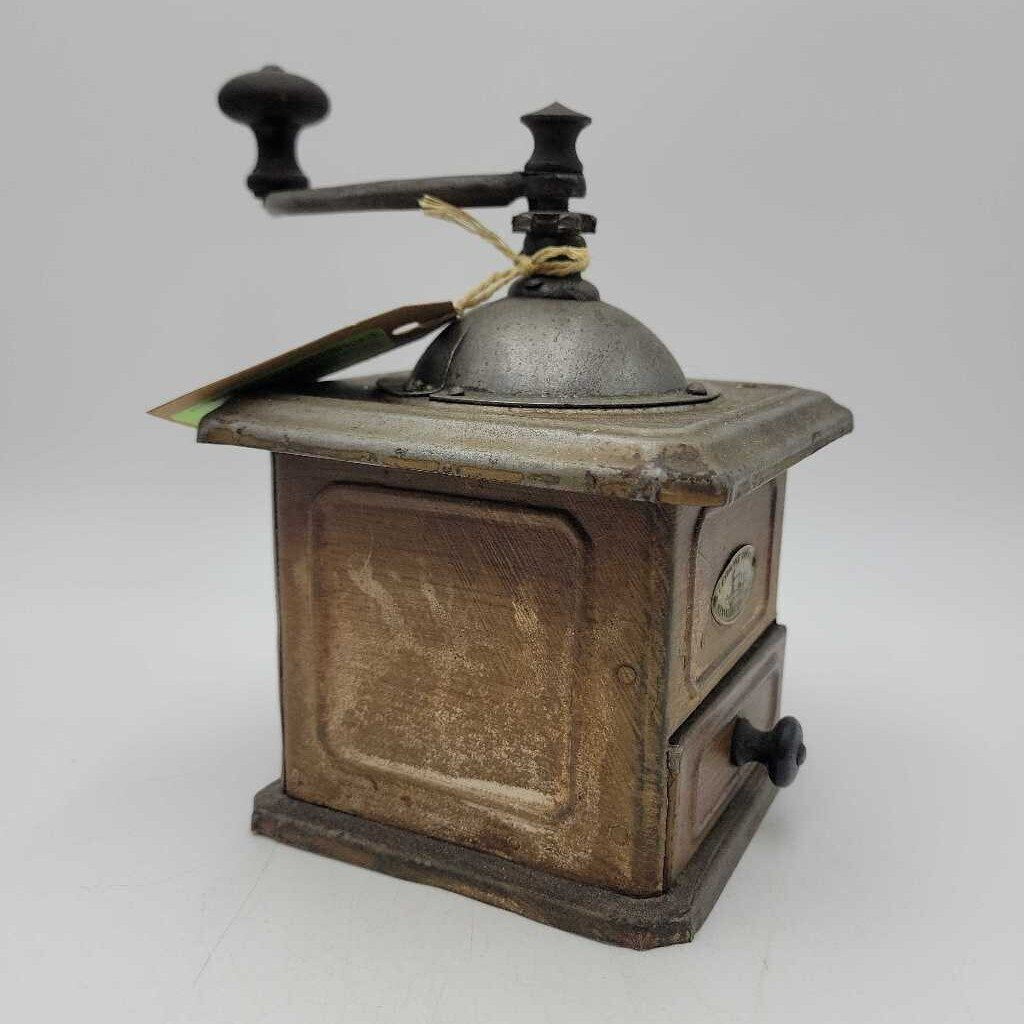 Coffee Grinder Peugeot Freres w. original brass nameplate Pressed Tin w. wood crank know France (TWS)