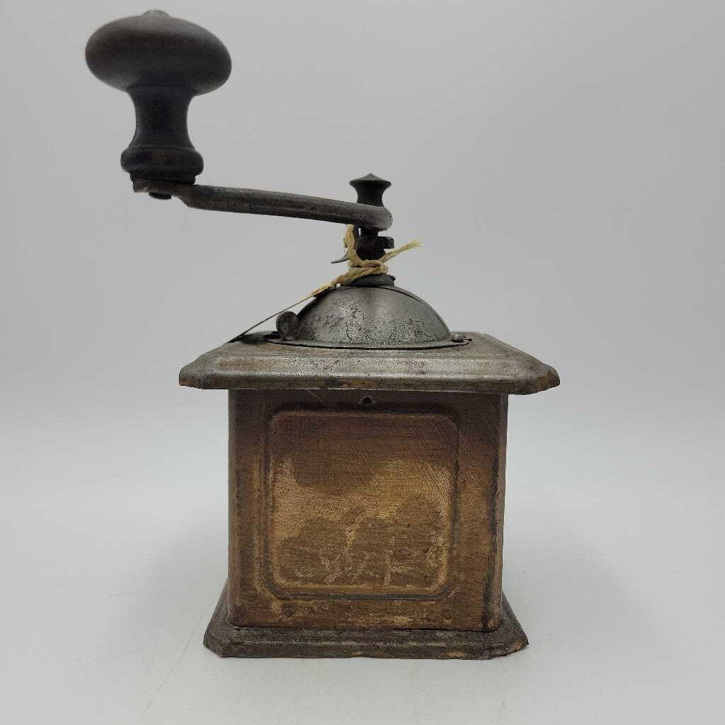 Coffee Grinder Peugeot Freres w. original brass nameplate Pressed Tin w. wood crank know France (TWS)