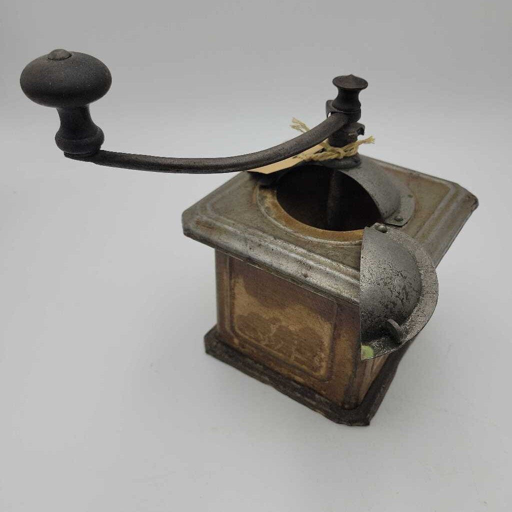 Coffee Grinder Peugeot Freres w. original brass nameplate Pressed Tin w. wood crank know France (TWS)