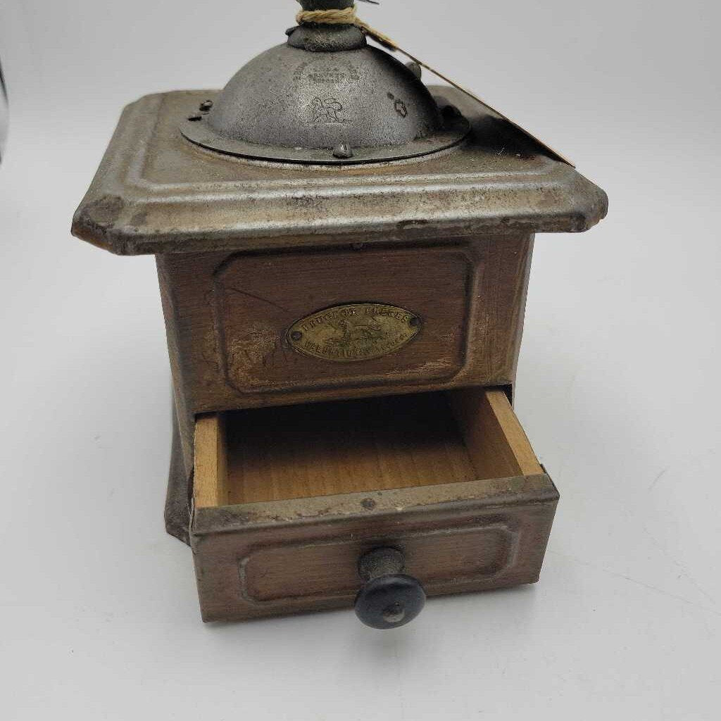 Coffee Grinder Peugeot Freres w. original brass nameplate Pressed Tin w. wood crank know France (TWS)