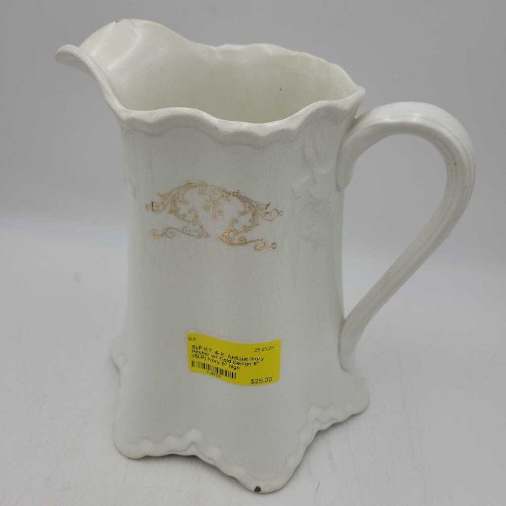 K.T. & K. Antique Ivory Pitcher w/ Gold Design 8" (SLP)