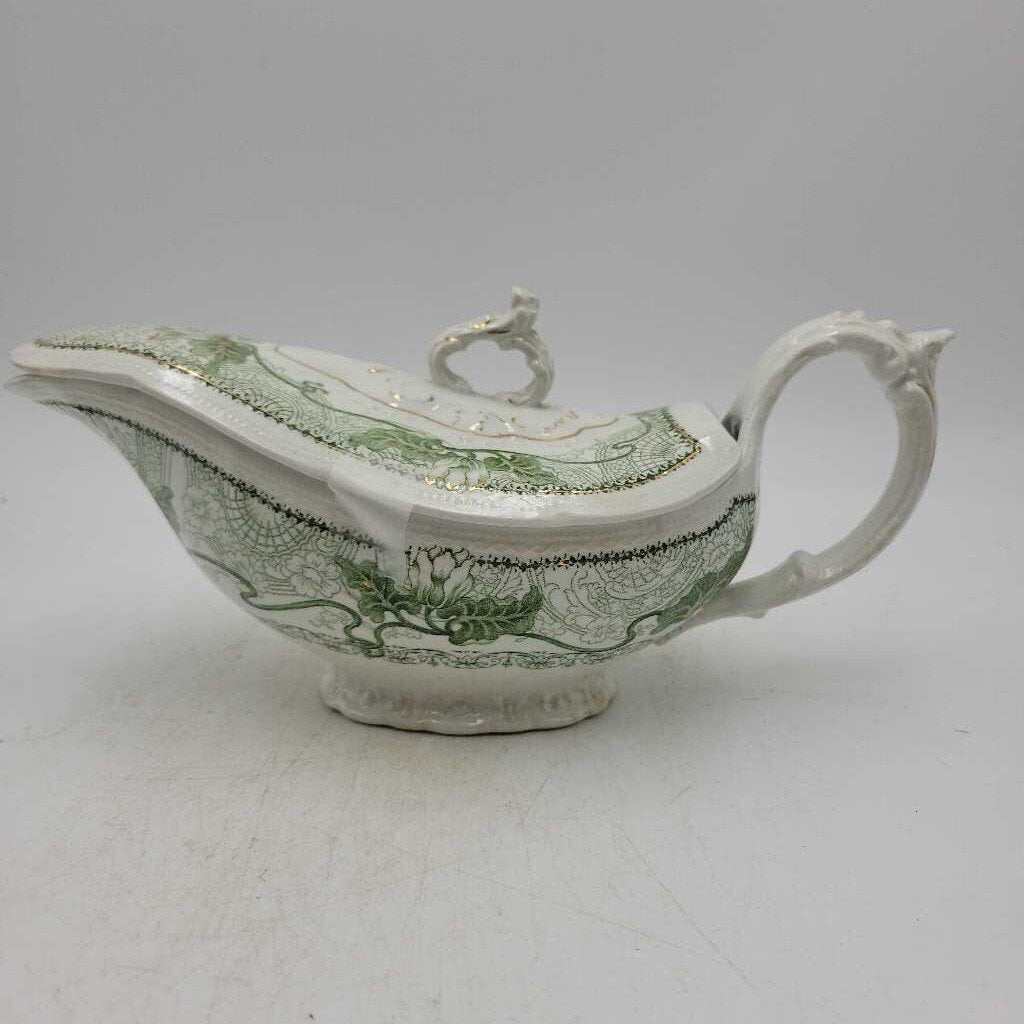 EJG Green Transferware gravy boat/lid (WCS)