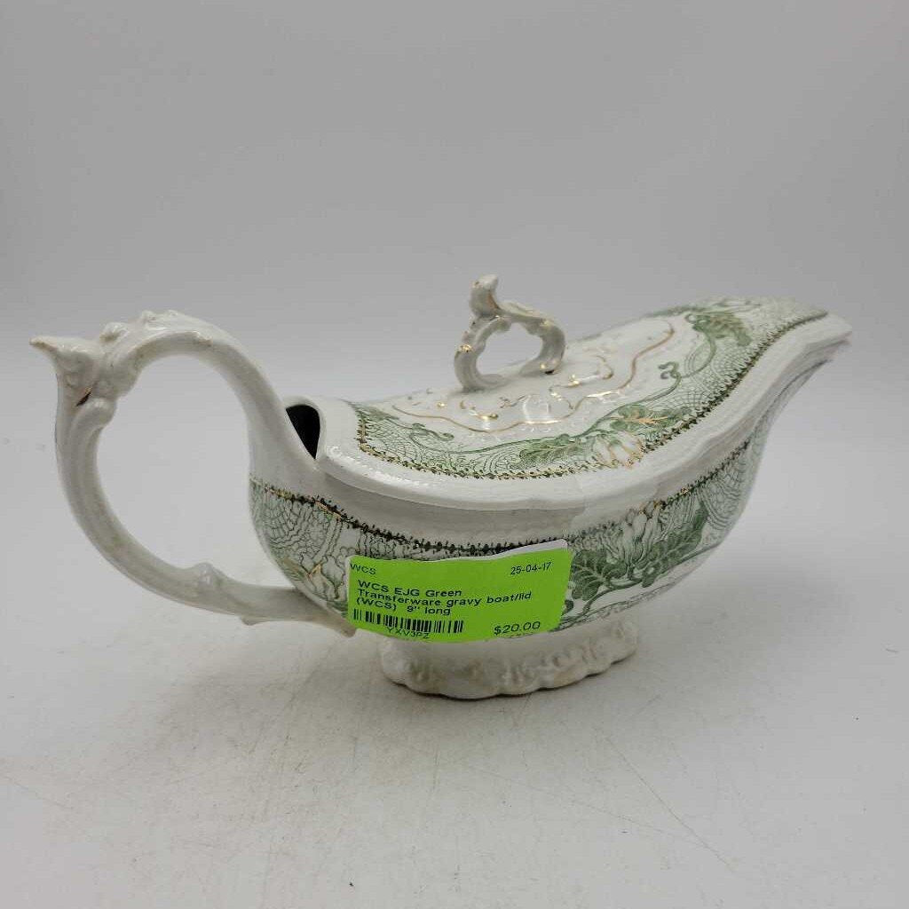 EJG Green Transferware gravy boat/lid (WCS)