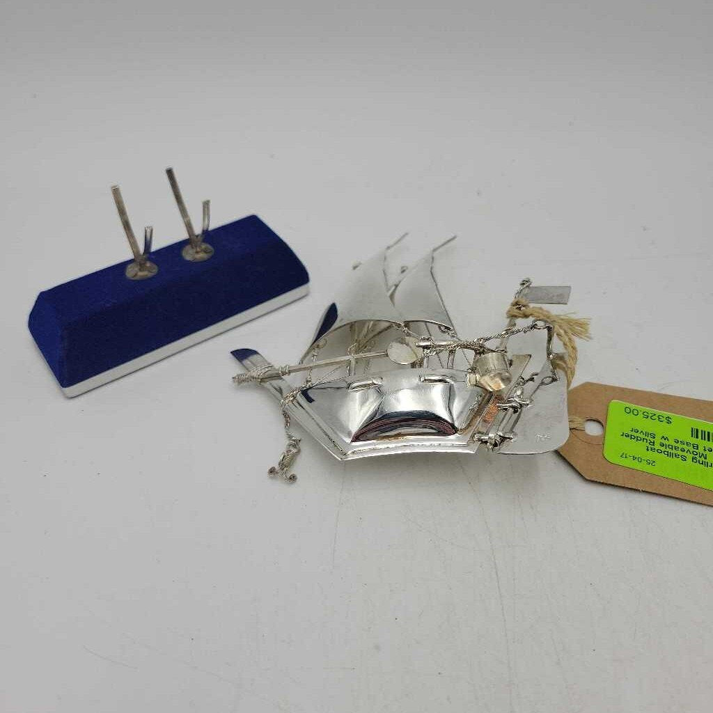 925 Sterling Sailboat (approx. 81g) Moveable Rudder Anchor Velvet Base w Silver Holders & Trim