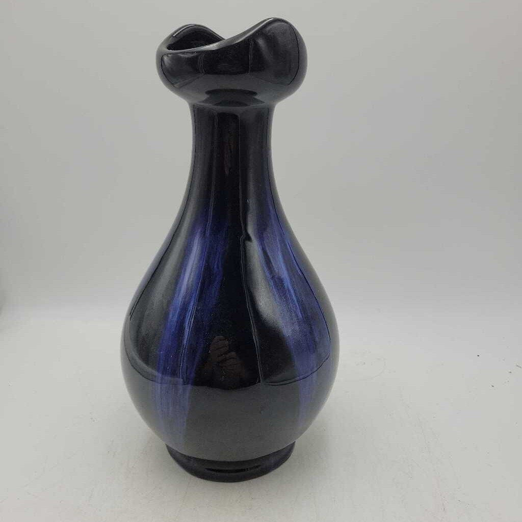 Huronia pottery '60s Bowling Pin Shape blue/blk Glaze Vase (BG)