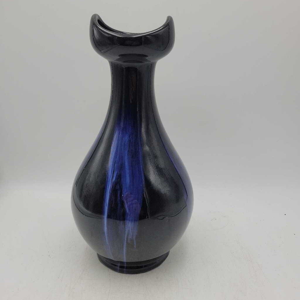 Huronia pottery '60s Bowling Pin Shape blue/blk Glaze Vase (BG)