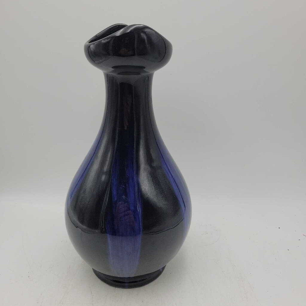 Huronia pottery '60s Bowling Pin Shape blue/blk Glaze Vase (BG)