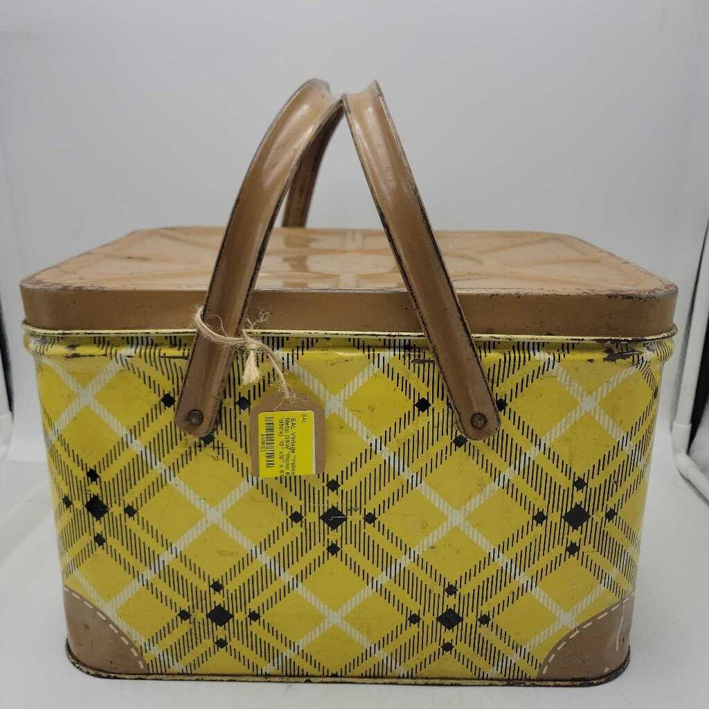 Vintage "Yellow Plaid" Metal GSW "Picnic Basket" (c. 1950's)
