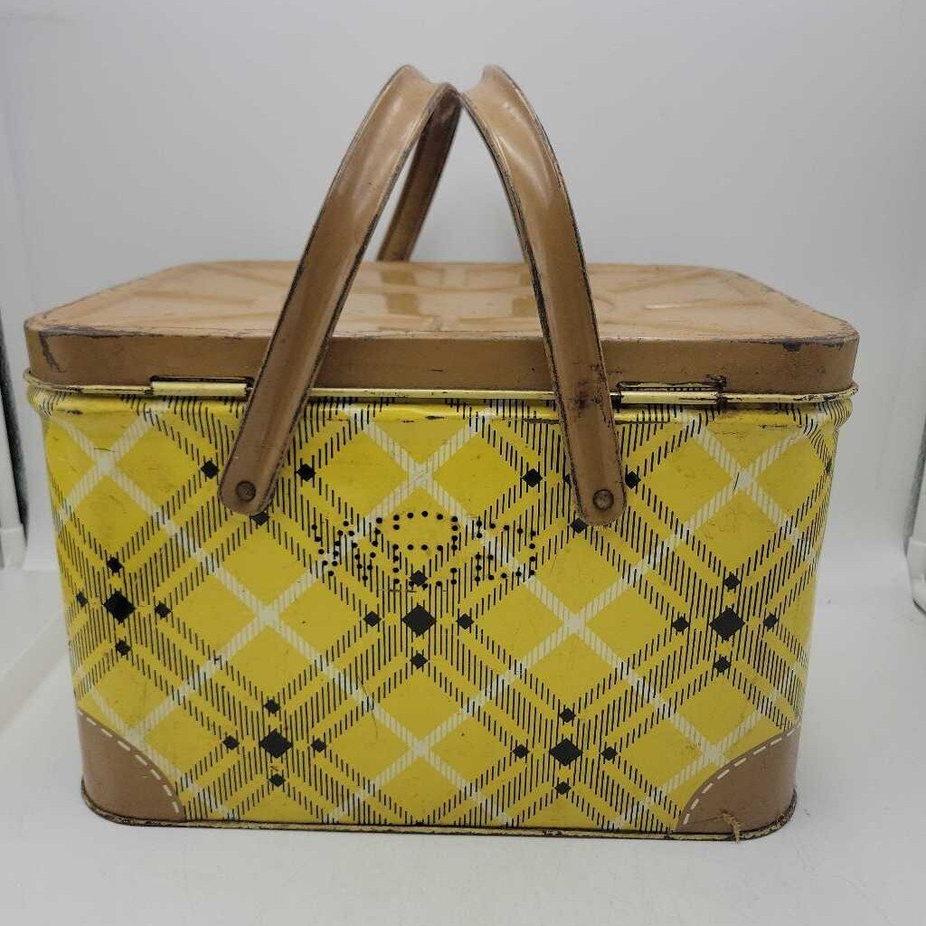 Vintage "Yellow Plaid" Metal GSW "Picnic Basket" (c. 1950's)