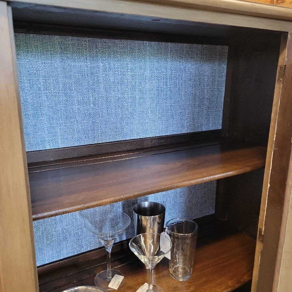 HB 1 Vintage China Cabinet. Peel and stick blue backing, new hardware on drawer, original door hardware